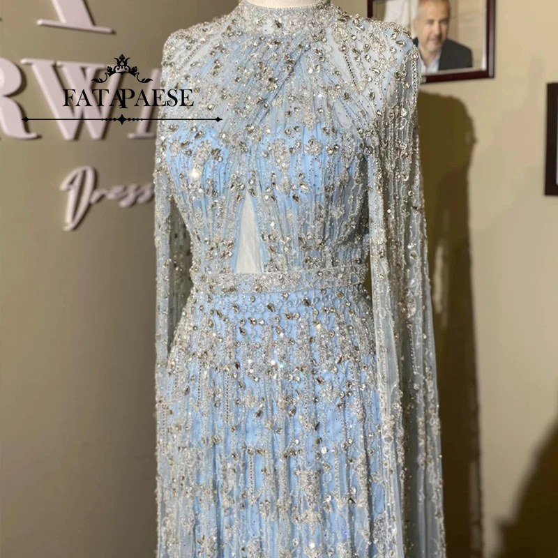 FATAPAESE Saudi Full Sleeve Fully Crystal Gown Wrape Tulle Beaded Sparking Gems Stones Bodice Removable Tail Cape