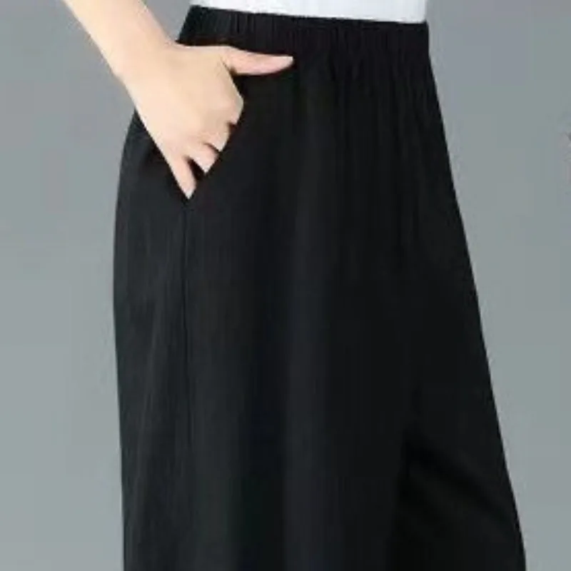 Summer Lantern Women's 2024 Spliced Elastic Waist Retro Pocket Print Fashion Minimalist Commuting Harlan Loose Casual Pants