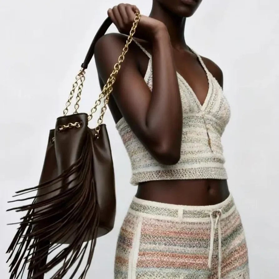 Fashion Tassel Bucket Bag Chains Drawstring Bags For Women Shoulder Bag PU Leather Handbag Ladies High Quality Purses NEW Tote