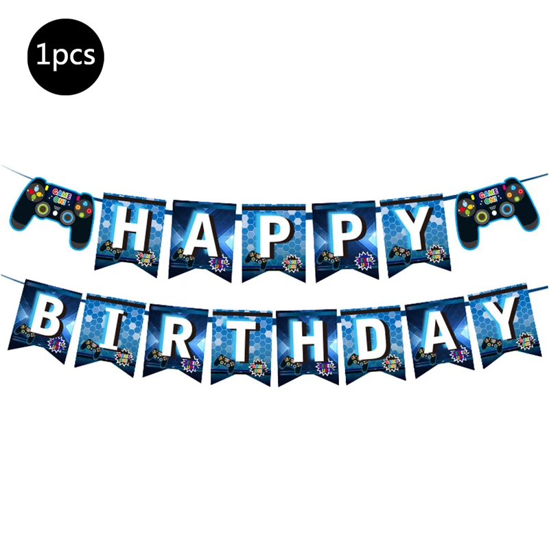 thumbnail image 1 of Juego de suministros para fiestas de videojuegos, decoración para fiesta de cumpleaños de bebé niño, telón de fondo para juegos de feliz cumpleaños, cubiertas para mesas de juego, globos para jugadore, 1 of 5