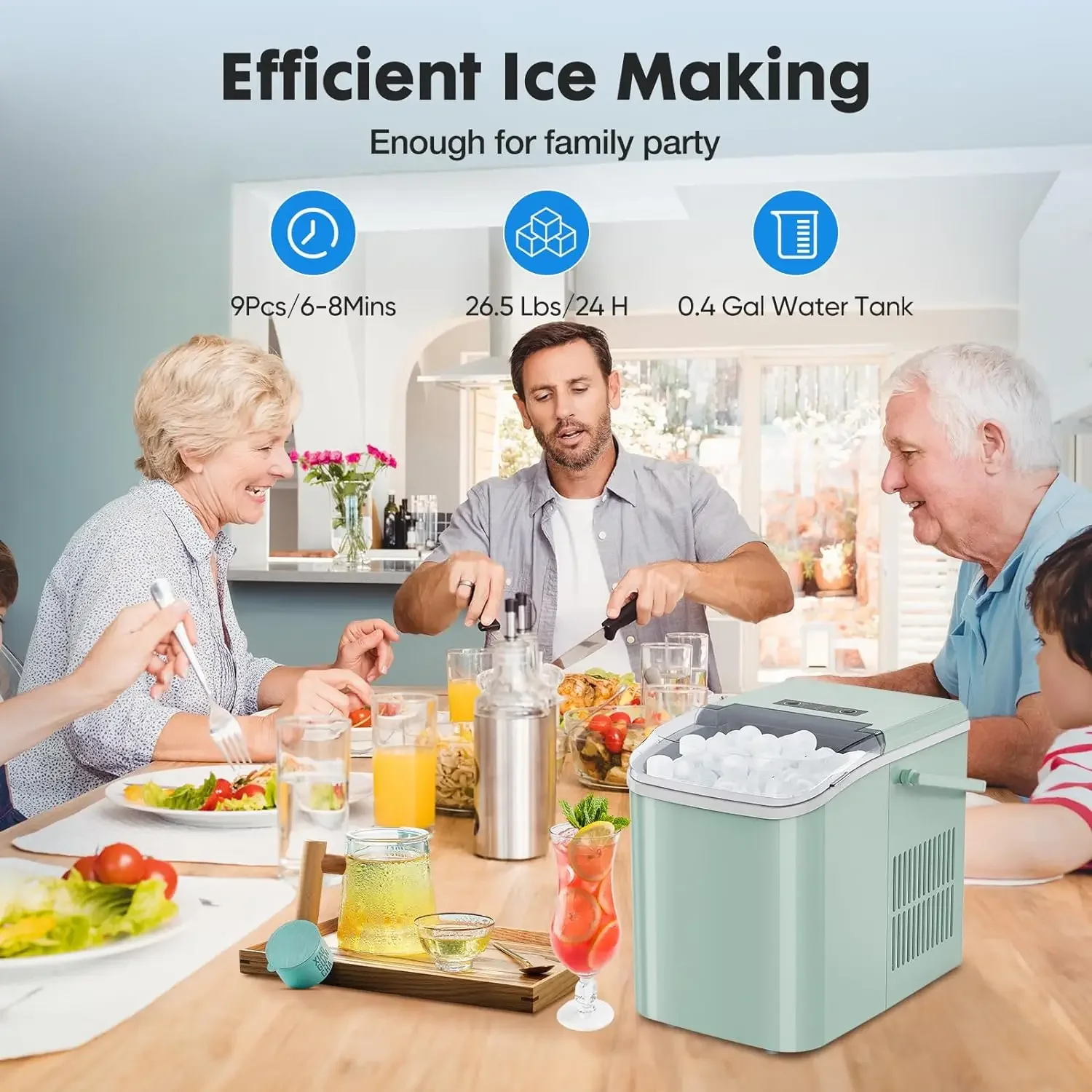 NEW Countertop Ice Maker, Portable Ice Machine Self-Cleaning, 9 Cubes in 6 Mins, 26.5lbs/24Hrs, 2 Sizes of Bullet