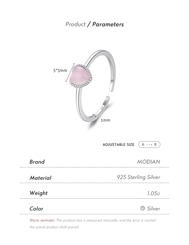 MODIAN 925 Sterling Silver Pink Crystal Hearts Opal Open Size 6-8 Finger Ring Sweet Simple Fine Jewelry For Women Birthday Gift