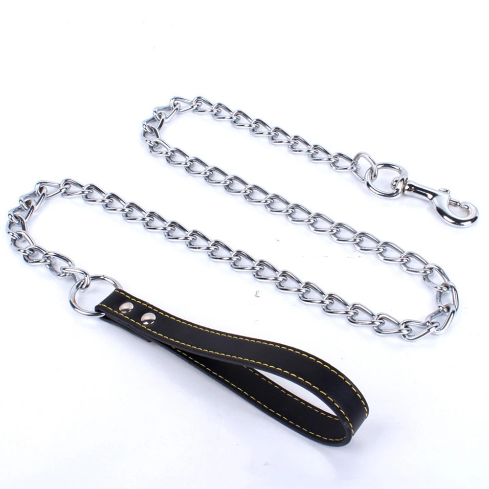 

Metal Chain Dog Lead with Leather Handle Heavy Duty Pet Collars Anti Bite Dogs Chain Outdoor Pet Traction Rope Pet Supplies
