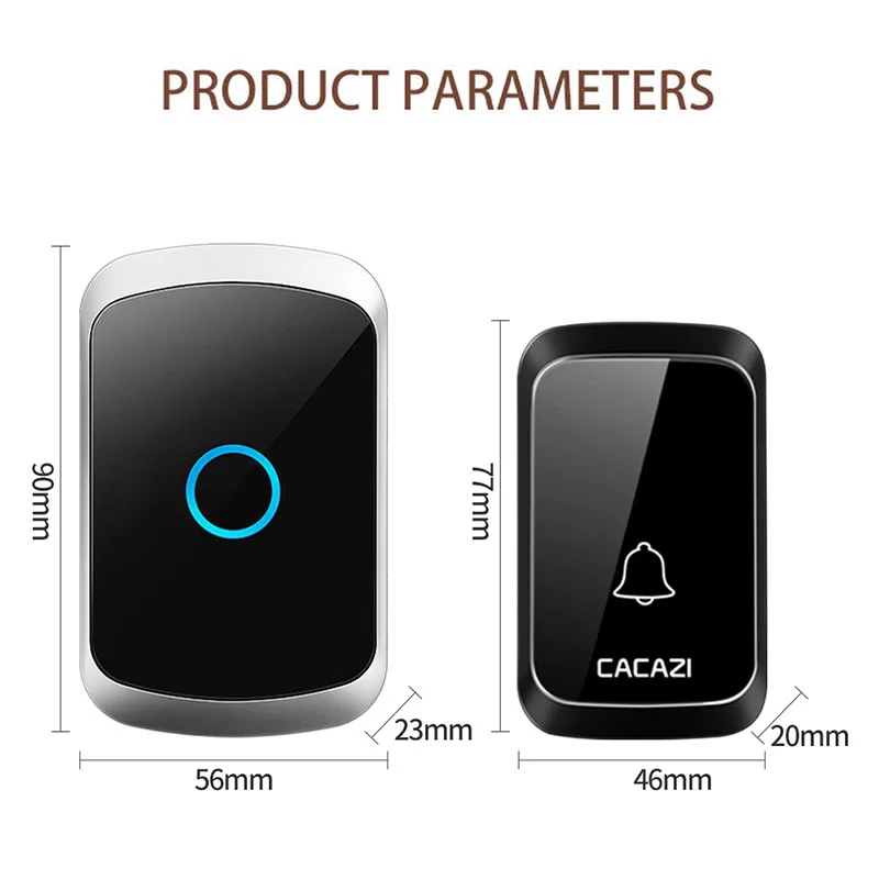 CACAZI-timbre inalámbrico a prueba de agua para casa inteligente, Timbre de puerta exterior, 60 tonos de llamada, 5 volúmenes, Flash LED ajustable, alarma de seguridad