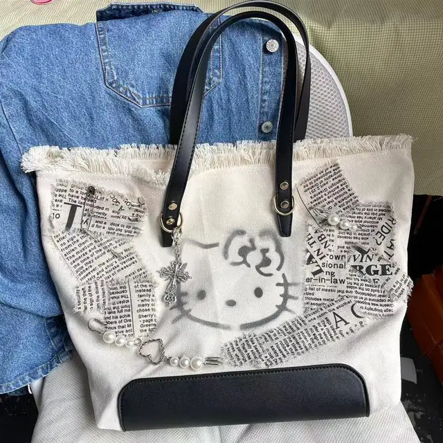 Hello Kitty Cat Bag Embroidered Canvas Shoulder Bag Tote Bag Casual Special-Interest Design Cute Bag 1