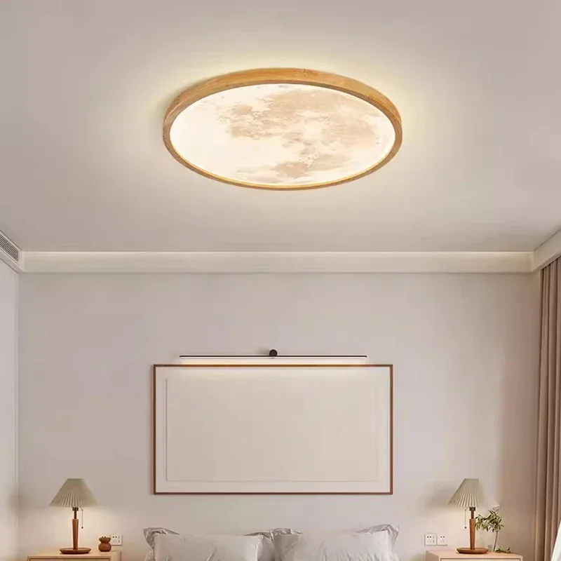 

Nordic Wood Moon Ceiling Lights Slim Round Room Decor Lamps Bedroom Bedside Study Cloakroom Home Fixture Illumination LED Lustre