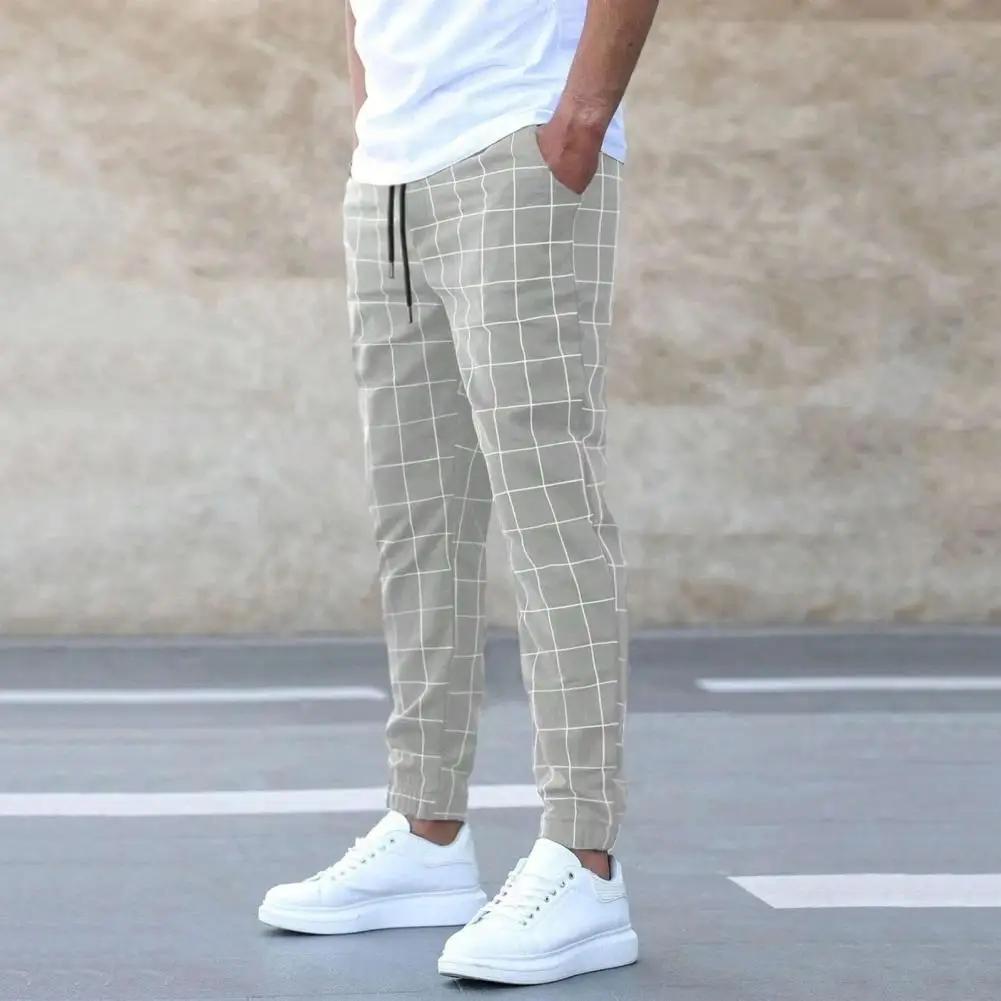 

Drawstring Plaid Men Pants Casual Korean Version Slim Fit Men Casual Ankle Length Pencil Pants Drawstring Elastic Waist Trousers