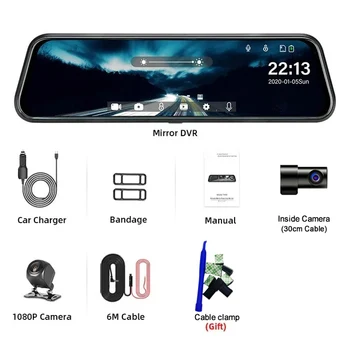 후방 카메라 미러 DVR 블랙 박스 포함, 3 채널 미러 카메라, 와이파이 자동차 비디오 녹음기 백미러 대시 캠, 전면 및 내부