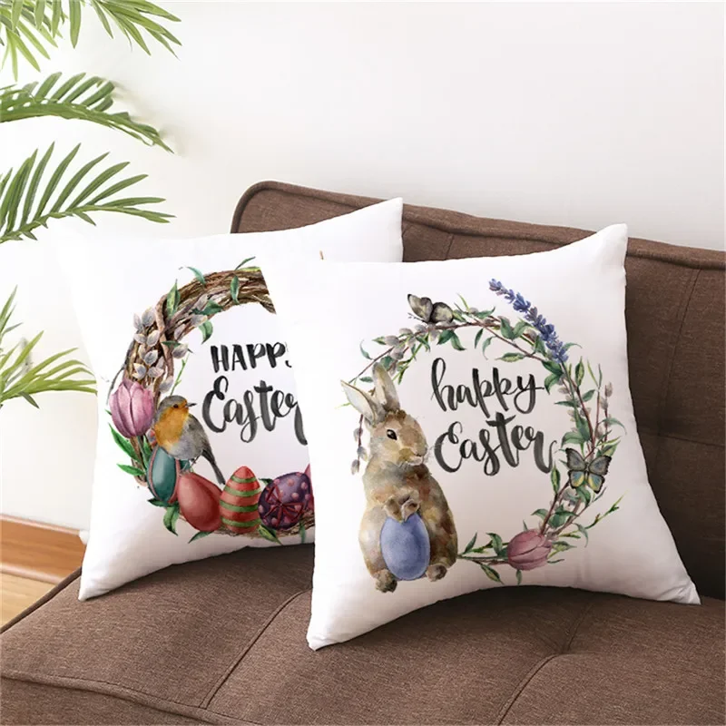 

Easter Words Pillows Case Cute Rabbit Cushion Cover Wreath Printed Throw Pillowcase for Home Sofa Window Seat Decorations Happy
