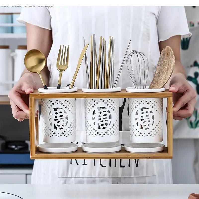 

Ceramic Chopstick Holder Household Drain Storage Rack Chopstick Cage Hollow Design Wooden Shelf Kitchen Supplies Household Tools
