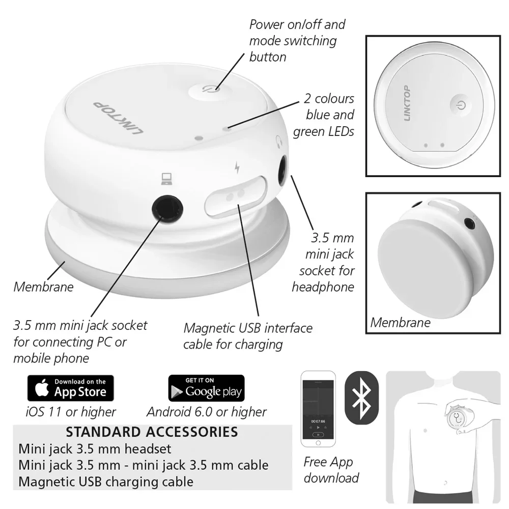 Wireless Digital Stethoscope Bluetooth Amplified Stethoscope For Heart Rhythms Lung Sounds Phones And PC Data Record