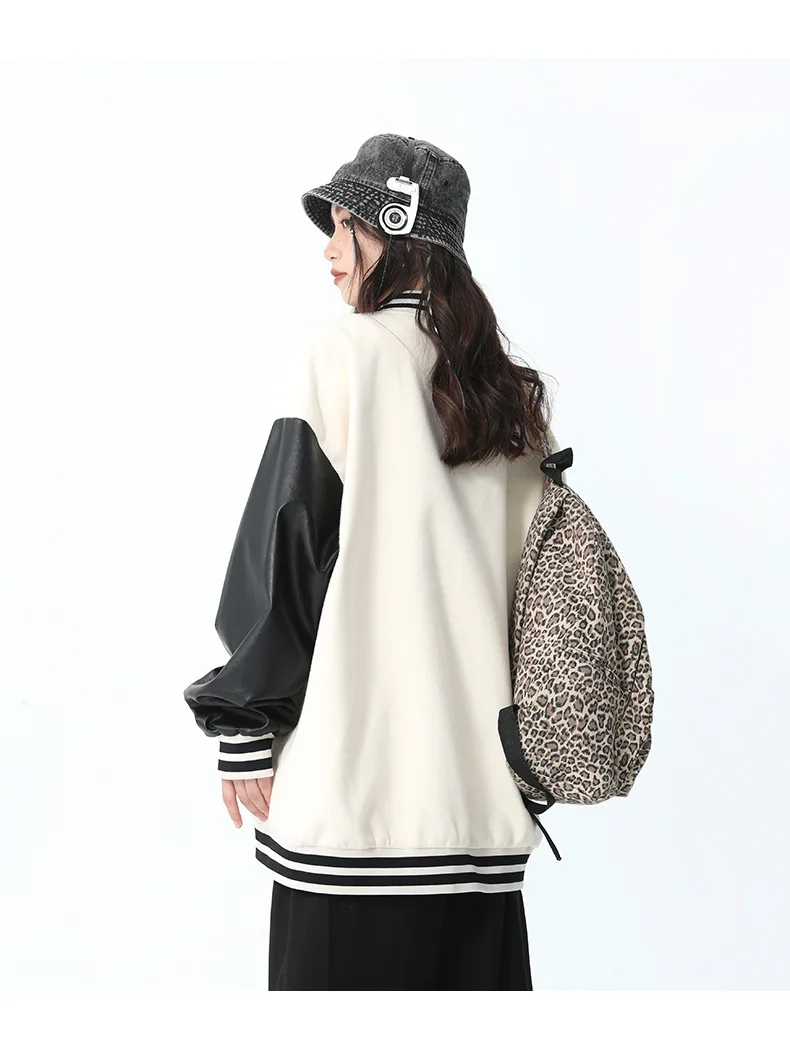 2023 Spring Autumn Jacket Women New Fashion Letter Embroidery Jacket PU Leather Patchwork Coat