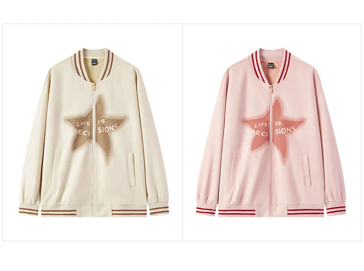 Coat Women Mid-Length Imitation Suede Loose Contrast Color Jacket Autumn Letter American Retro Star Baseball Coat
