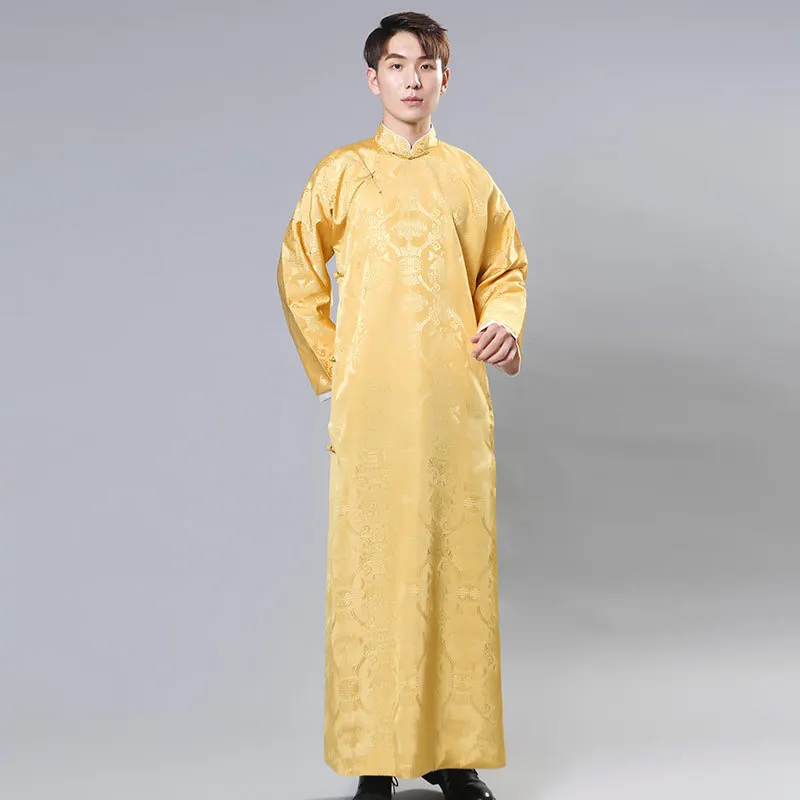 Men Chinese Traditional Style Tang Suit Long Robes Crosstalk Stage Costume Groomsman Retro Red Print Qipao Dress Gown