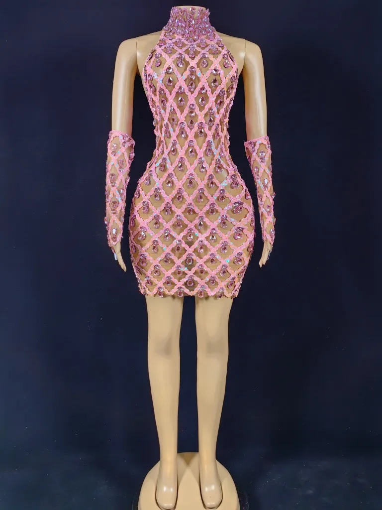 

Translucent European And American Diamond Checkered Mesh Fabric High Collar Sleeveless Backless Short Dress For Performance Wear