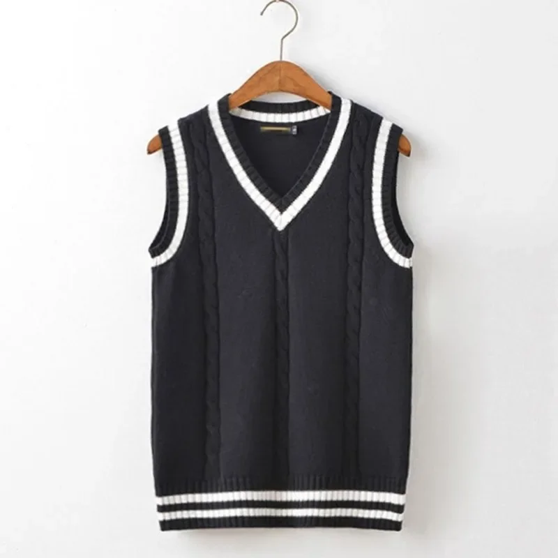 Striped Knitted Sweaters for Men Sleeveless Man Clothes V Neck Vest Waistcoat Jumpers Sweat-shirt Cigaret Cotton