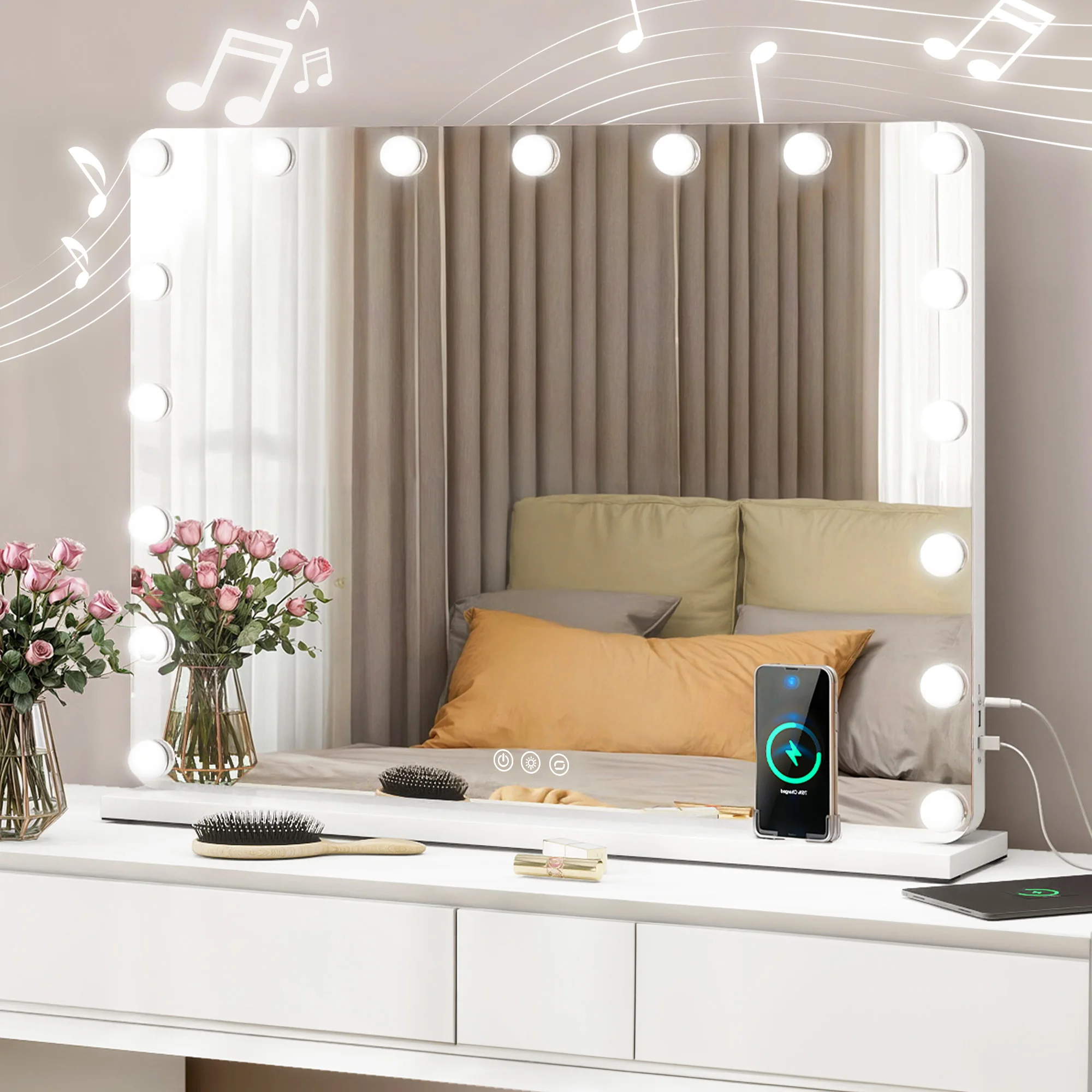 31" White Make up Mirror w/ Smart Touch Control Wireless Charger Light Bulb Unit