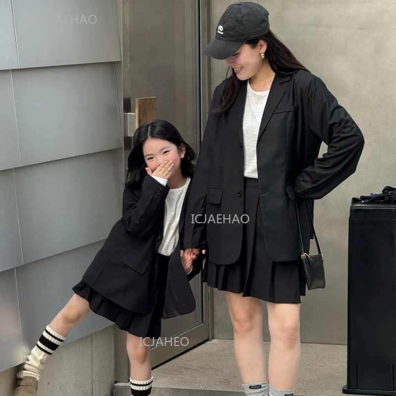 Family Clothing Matching Mother Daughter Blazer Set Korean Style Loose Fit Academic Plaid Skirt Suit Autumn Mom and Girl Outfit - 3
