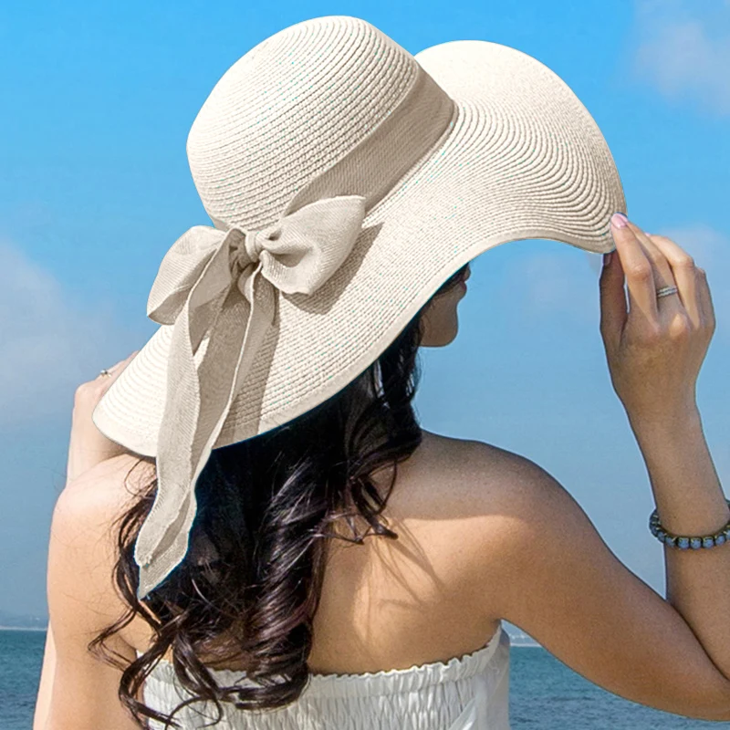 

Summer Women Straw Hat Bowknot Wide Brim Floppy Panama Hats Female Lady Outdoor Foldable Beach Sun Cap