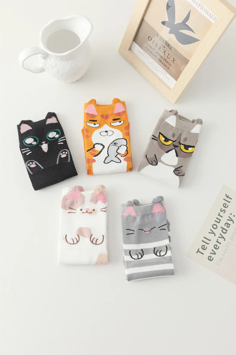 5 Paare/los frauen Mode Cartoon Socken Japanische Schöne Katze Crew Socken Atmungsaktive Student Socken Für Damen – Detail 1