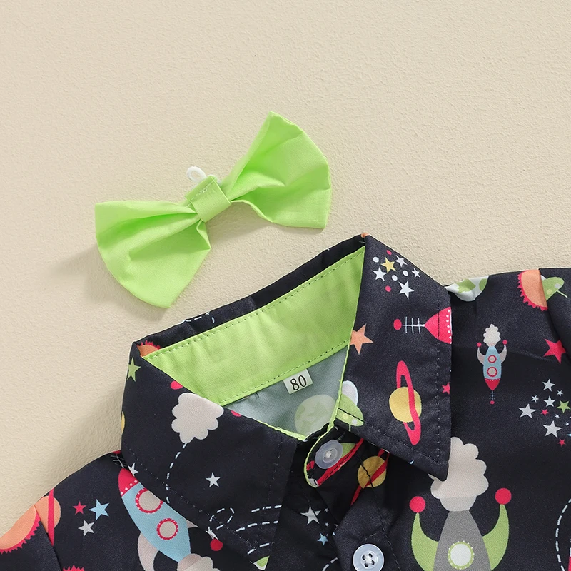 Toddler Boys Summer Shorts Sets Short Sleeve Lapel Spacecraft Print Button Shirt Green Shorts Sets