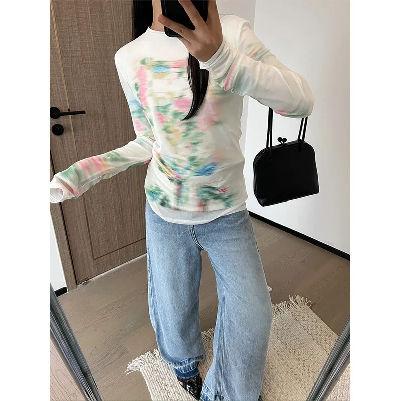 

2024 Early Spring New Style Sfumato Mesh Printed Double-layer Long-sleeved Round Neck Slim Right Shoulder T-shirt