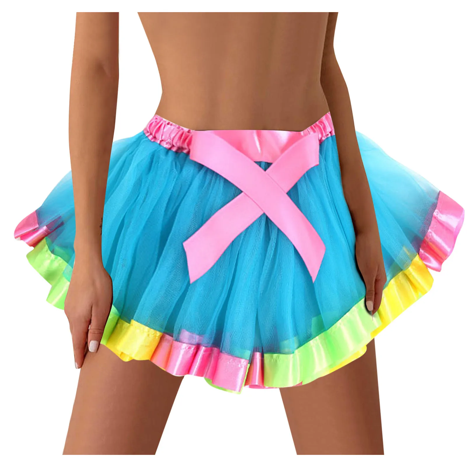 

Rainbow Ribbon Gauze Tutu Skirt Carnival Ballet Dancwear 3 Layered Short Tulle Pleated Skirts Party Mini Pettiskirt Mujer Tulle