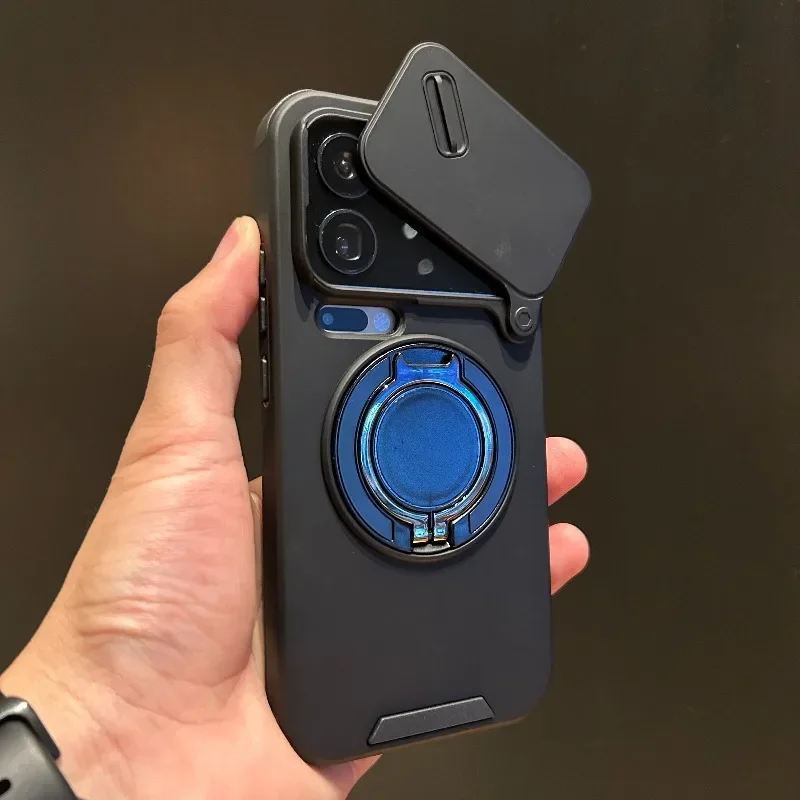 Slide Camera Cover Shockproof Case with Magnetic Ring Stand and Hard PC TPU Protective Shell