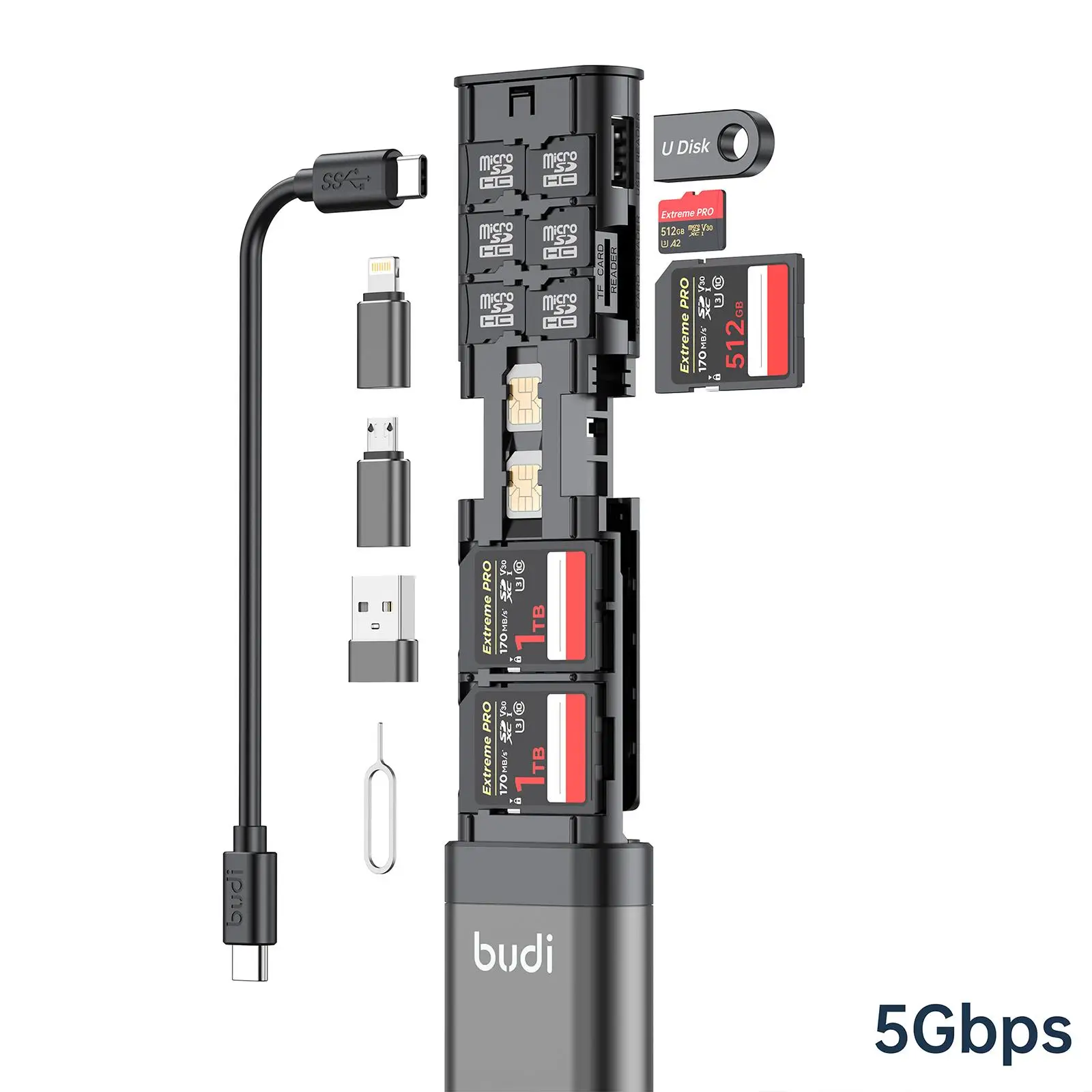 BUDI 다기능 SD 카드 리더 케이블, USB 3.0 C타입 어댑터, 5Gbps 전송 메모리 카드, 고속 카드 리더 도구 상자, 9 in 1