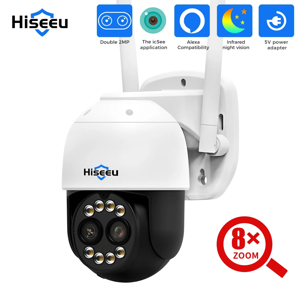 Hiseeu 4MP Dual Lens PTZ Wifi IP Camera 8X Zoom Outdoor HD Full Two-Way Voice Human Detection Video Surveillance Cameras 5V 1