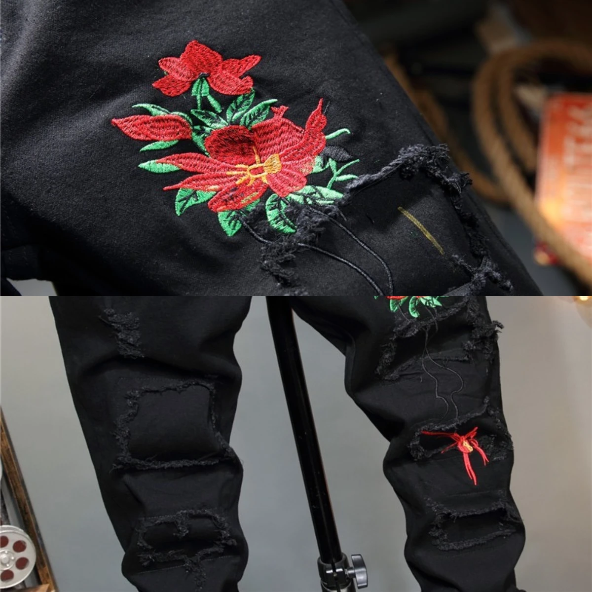 EH·MD Rose Embroidered Jeans for Men Worn 3D Hollow Hole Small Foot Pants Hip Hop Motorcycle Repair Street Soft High Elastic 024