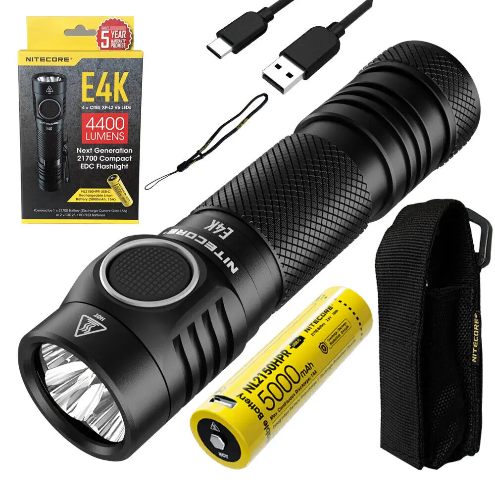 

NITECORE E4K LED Flashlight 4xCREE XP-L2 V6 4400 Lumens High Power Compact EDC Light USB-C Rechargeable Torch with 21700 Battery