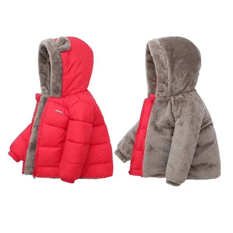 2-7Y Kids Double - Sided Wear Puffer Jacket Bear Ear Hooded Children Warm Winter Coat