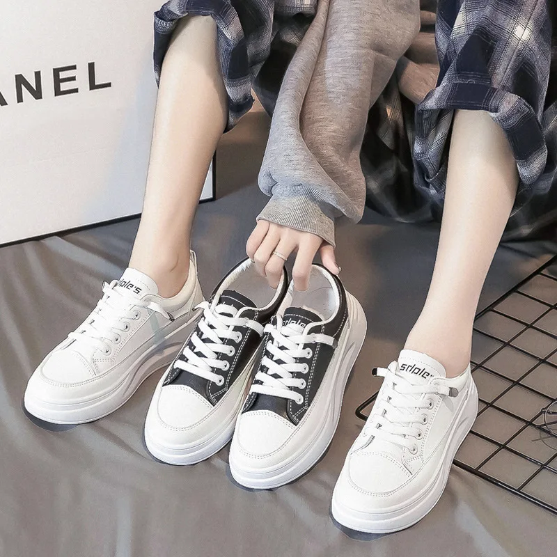 PU Leather Platform Shoes Flat Female Outdoor Elevator Sneakers Women Tennis Spring Vulcanize Thick-sole Running Trainers