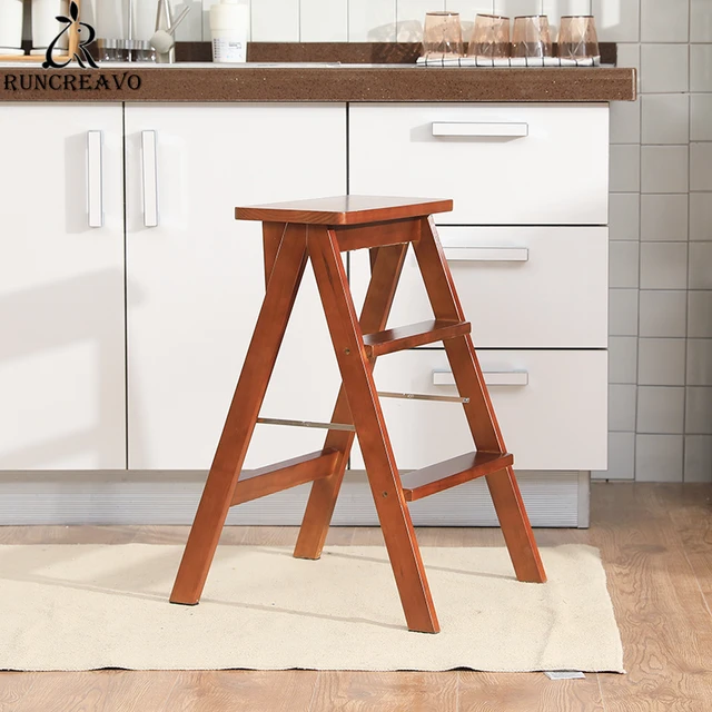 Banco alto para cocina, taburete de oficina para ático, escalera plegable  de 3 peldaños de madera con escalera de seguridad antideslizante