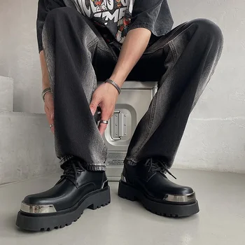 Men Harajuku Korean Man Leather Couple Shoes Streetwear Fashion Casual Thick Platform Metal Leather Wedding Men Loafers Shoes