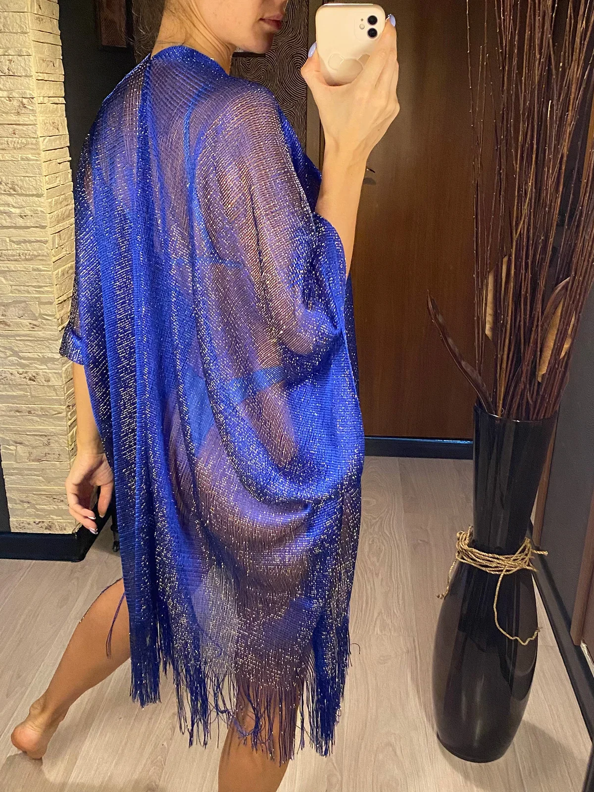 Sexy Fringe Tassel Mesh Sheer Shiny Knitted Tunic Beach Cover Up Cover-ups Beach Dress Beach Wear Beachwear Female Women