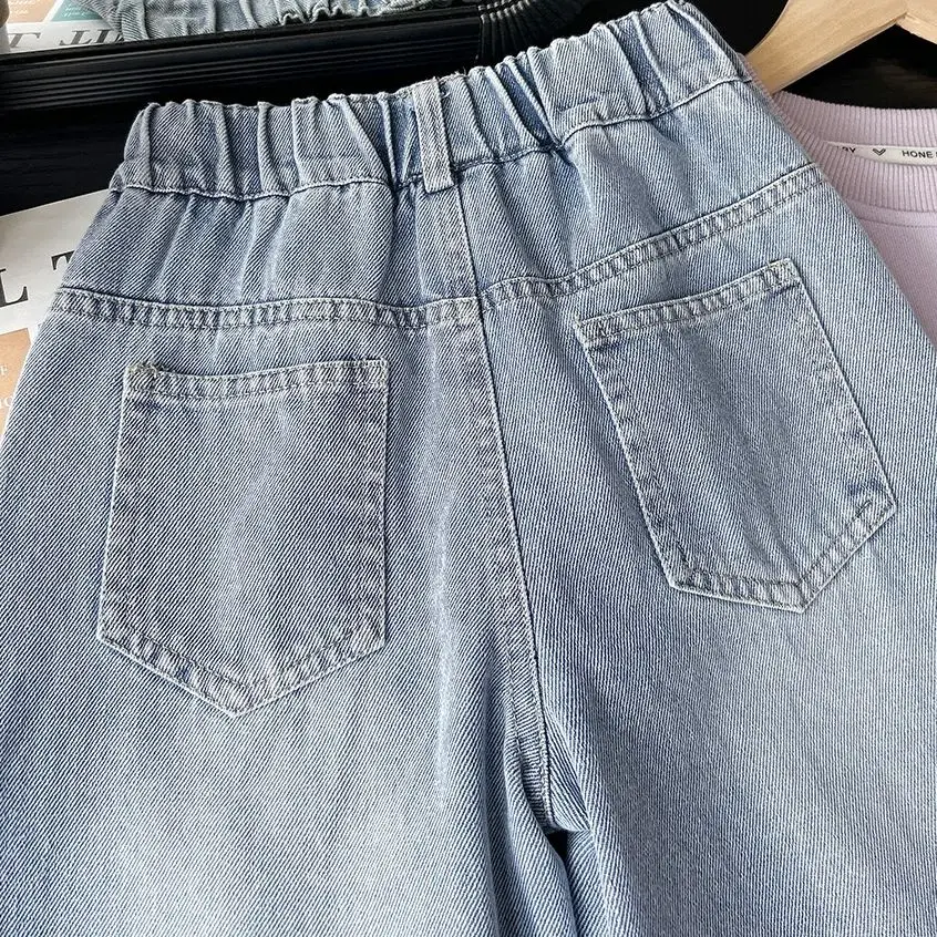 봄 가을 여아용 리본 자수 청바지 신축성 있는 허리 루즈핏 와이드 레그 캐주얼 스트레이트 데님 팬츠 아동 바지