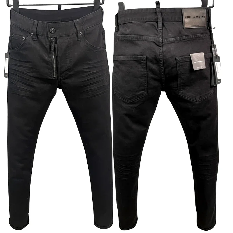

Men's black denim pants basic simple Italian style small straight foot crossover jeans 9889 mens jeans tapered jeans