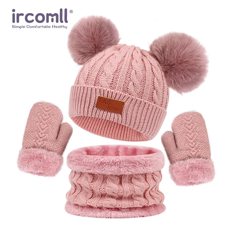 

Ircomll Winter Baby Hat 3Pcs Hat Scarf Gloves Set Solid Color Toddler Bonnet Cute Pompom Knitted Hats Children Outdoor 1-5Y