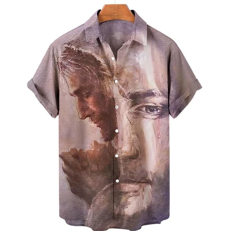 thumbnail image 1 of Camisas hawaianas con estampado 3D de Dios, Jesús, María, para hombre, camisetas casuales de manga corta con estampado 3D, camisetas de gran tamaño, ropa superior, camisas con botones para hombre, blu, 1 of 5