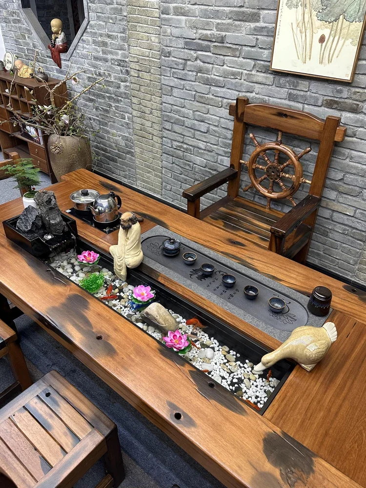 

Customized New Chinese Style Large Board Tea Table Old Ship Wood Flowing Water Table-Chair Set Tea Table