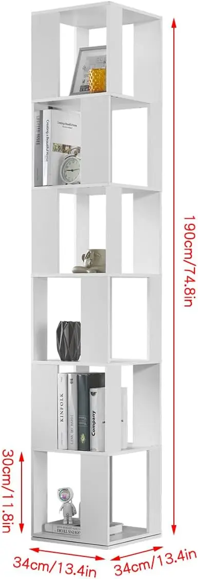 6 Tier Wooden Bookcase Corner Tall Book Shelf Modern 360° Rotating Storage Display Rack Floor Standing Shelves with Open Design