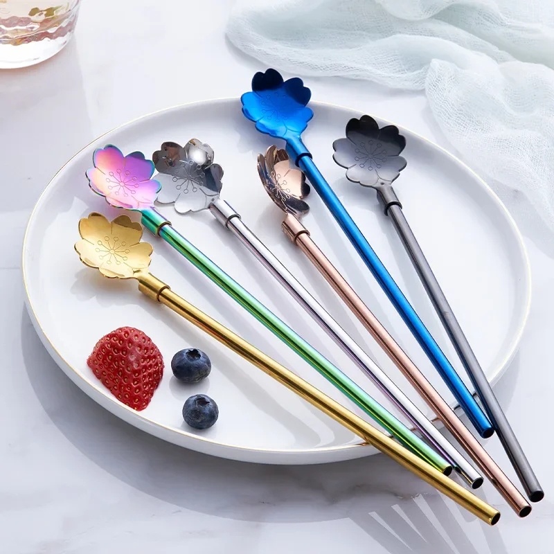 Cherry Blossom Stainless Steel Straw Spoon Set with Cleaning Brush - Ideal for Summer Drinks and Cocktails