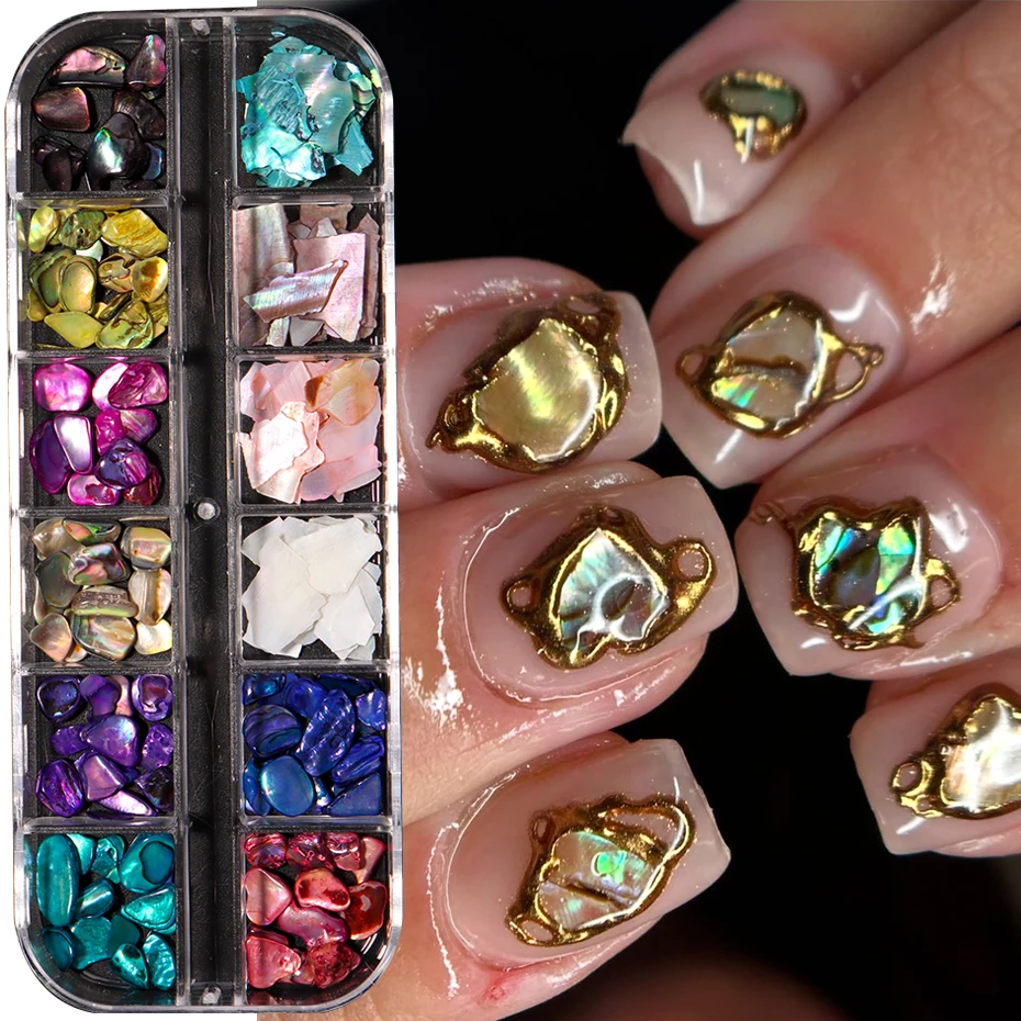 12 Gitter Irisierende Abalone-Muschelscheiben Nagel-Charms Regenbogen Holographische Flocken 3D Glänzende Edelsteine Sommer-Maniküre-Deko – Detail 2