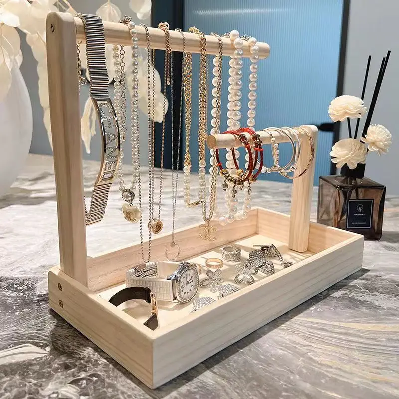 Solid wood household jewelry storage tray tabletop hanging necklace bracelet key chain holder  jewelry display stand rack 3