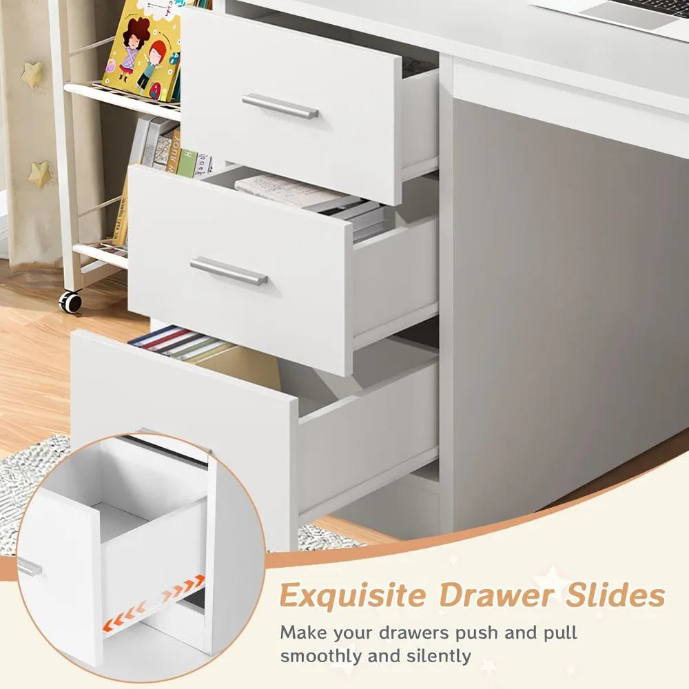White Boys and Girls Desk with 3 Drawers, Wooden Kids Study Desk with Hutch, Drawing Writing and Learning Desk with Bookshelf 6