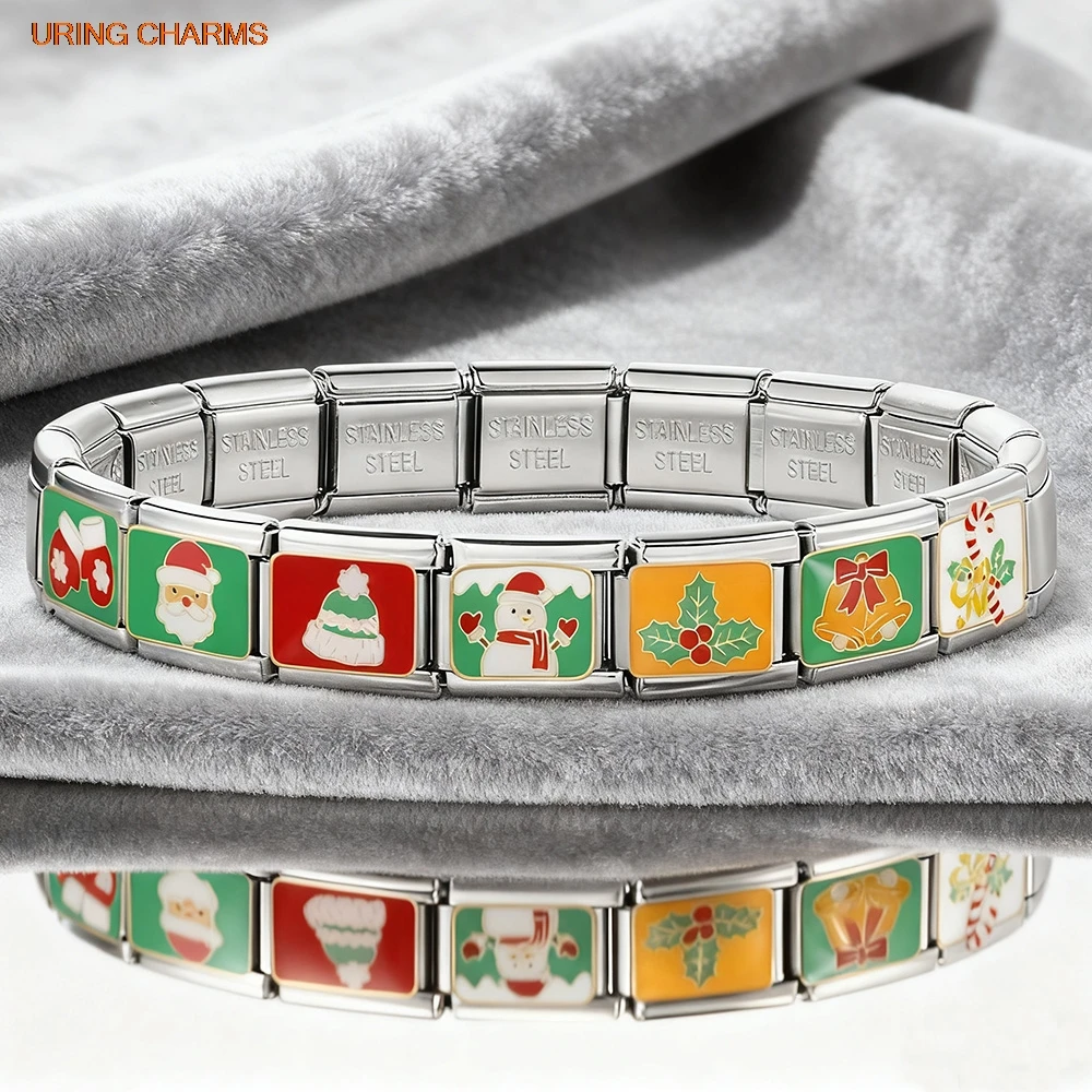 URING Trendy Weihnachten Schneeflocke Hut Baum Alter Mann Glocke Charme Edelstahl Italienischen Link Fit 9mm Armband Machen DIY schmuck – Detail 2