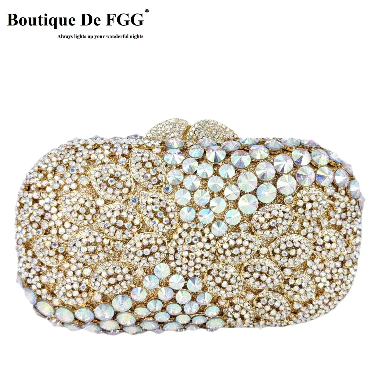 

Boutique De FGG Elegant Women Gold AB Crystal Clutch Evening Bags Bridal Formal Party Rhinestone Minaudiere Bags Wedding Purse