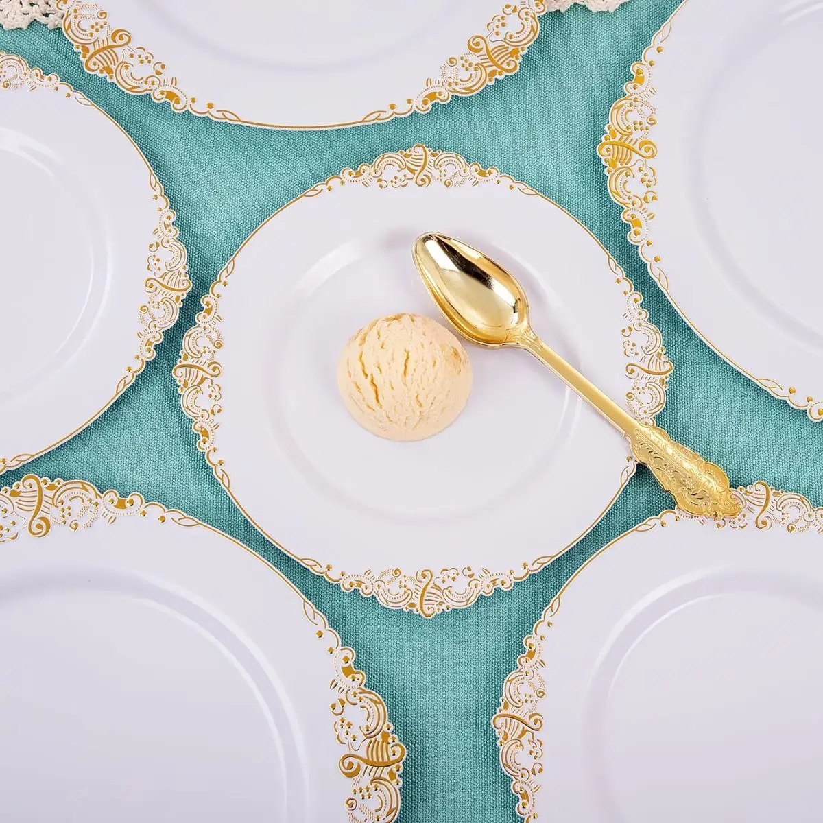 Description Picture 5 of item1Set White Gold Platter Set Environment Plastic Knives Forks Spoons Steak Pasta Tray Container Food Plates Restaurant Utensils